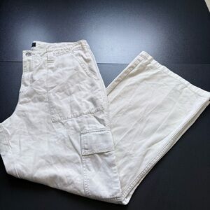 Low Rise Flare Utility Jeans Light Khaki‎ Pockets Grungy Style Womens 16 Aero